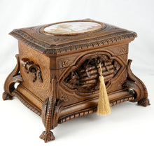 Load image into Gallery viewer, Antique Black Forest Carved Wood Cigar Caddy, Box, Porcelain Portrait Plaque

