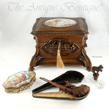 Load image into Gallery viewer, Antique Black Forest Carved Wood Cigar Caddy, Box, Porcelain Portrait Plaque
