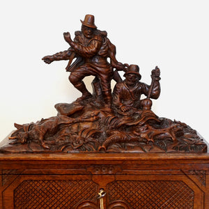 Antique Black Forest Carved Wood Chest, Hunting Theme