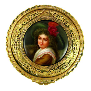 Antique Hutschenreuther Hand Painted Porcelain Portrait Plaque Gilt Bronze Jewelry Box