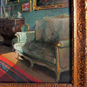 Belgian Parlor Interior Genre Painting by Virginie Cokelberghs 'Le Salon Vert' Dated 1925