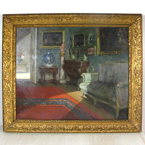 Belgian Parlor Interior Genre Painting by Virginie Cokelberghs 'Le Salon Vert' Dated 1925