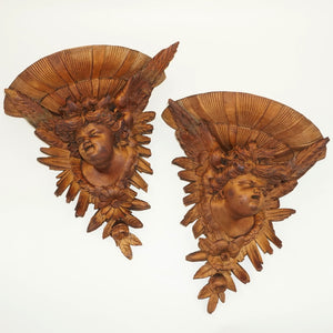 Pair Hand Carved Wood Cherub / Putti Figures Wall Shelves, Consoles