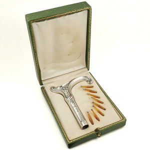 Art Nouveau French. 800 Silver Parasol Umbrella Dress Cane Handle Set, in Box