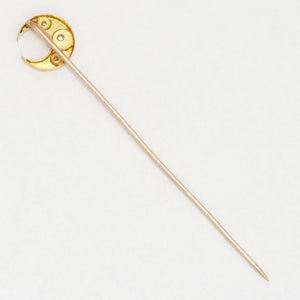 Antique French 18k Gold & Diamonds Stick Pin, Moon & Stars