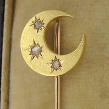 Load image into Gallery viewer, 18k yellow gold crescent moon shaped brooch pin, cut diamonds , moon &amp; stars
