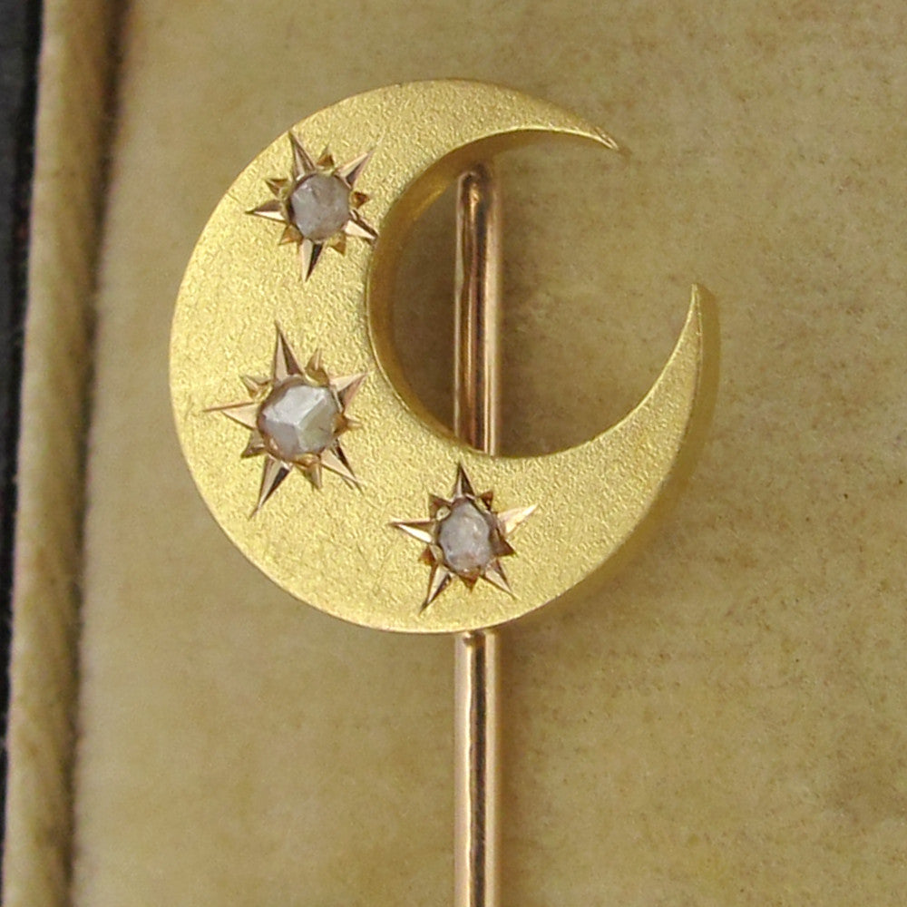18k yellow gold crescent moon shaped brooch pin, cut diamonds , moon & stars