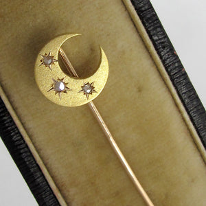 18k yellow gold French antique Victorian brooch pin moon & stars, natural cut diamonds, crescent moon shape 