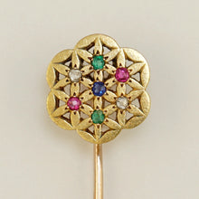 Load image into Gallery viewer, French 18K Yellow Gold Stick Pin Brooch Diamond Ruby Emerald Sapphire
