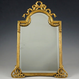 Large Antique French Gilt Bronze Mirror, Neoclassical Decoration, Thick Beveled Glass, Easel Back, Vanity or Dresser Table Top