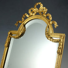 Load image into Gallery viewer, Large Antique French Gilt Bronze Mirror, Neoclassical Decoration, Thick Beveled Glass, Easel Back, Vanity or Dresser Table Top
