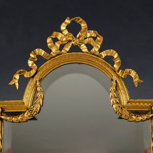 Large Antique French Gilt Bronze Mirror, Neoclassical Decoration, Thick Beveled Glass, Easel Back, Vanity or Dresser Table Top