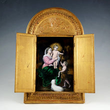 Load image into Gallery viewer, Antique French Limoges Enamel Plaque Gilt Wood Altar Triptych Religious Scene, Virgin Mary &amp; Jesus Christ
