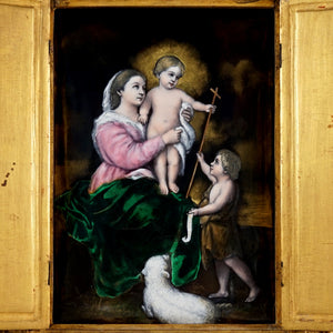 Antique French Limoges Enamel Plaque Gilt Wood Altar Triptych Religious Scene, Virgin Mary & Jesus Christ