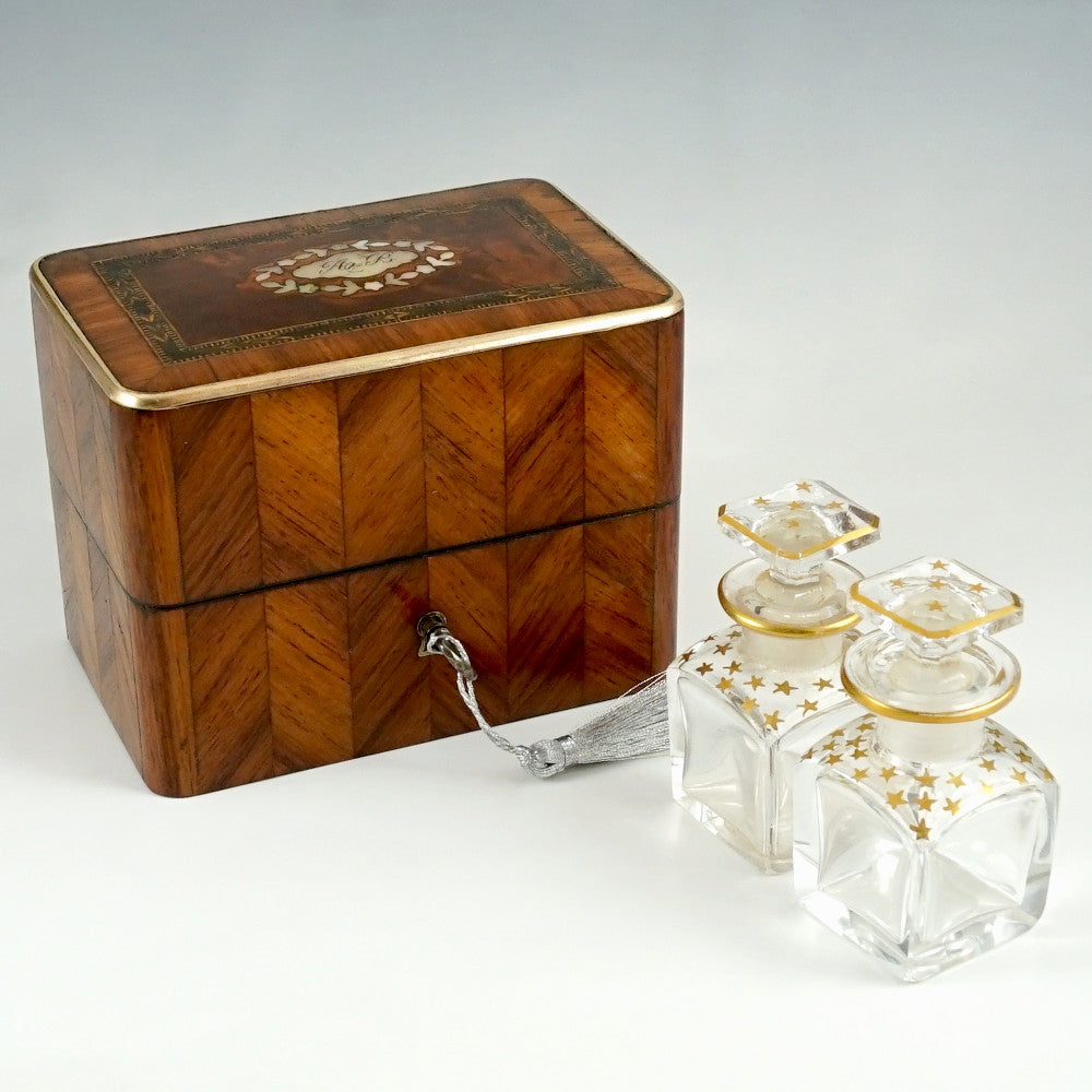 Antique French Perfume Box, Parquetry Kingwood Inlay, Baccarat Crystal Scent Bottles