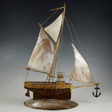 Load image into Gallery viewer, Antique French Mother of Pearl Figural Inkstand, Sail Boat, Ship, Glass Inkwell
