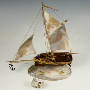 Antique French Mother of Pearl Figural Inkstand, Sail Boat, Ship, Glass Inkwell