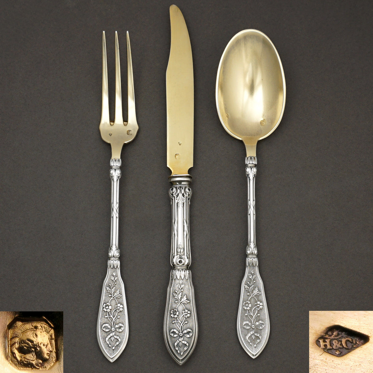 Antique French Sterling Silver Gold Vermeil 3pc Flatware Cutlery Gift ...