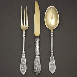 Antique French Sterling Silver Gold Vermeil 3pc Flatware Cutlery Gift Set, Musical Instruments Motif, Henin & Cie Grand Cru