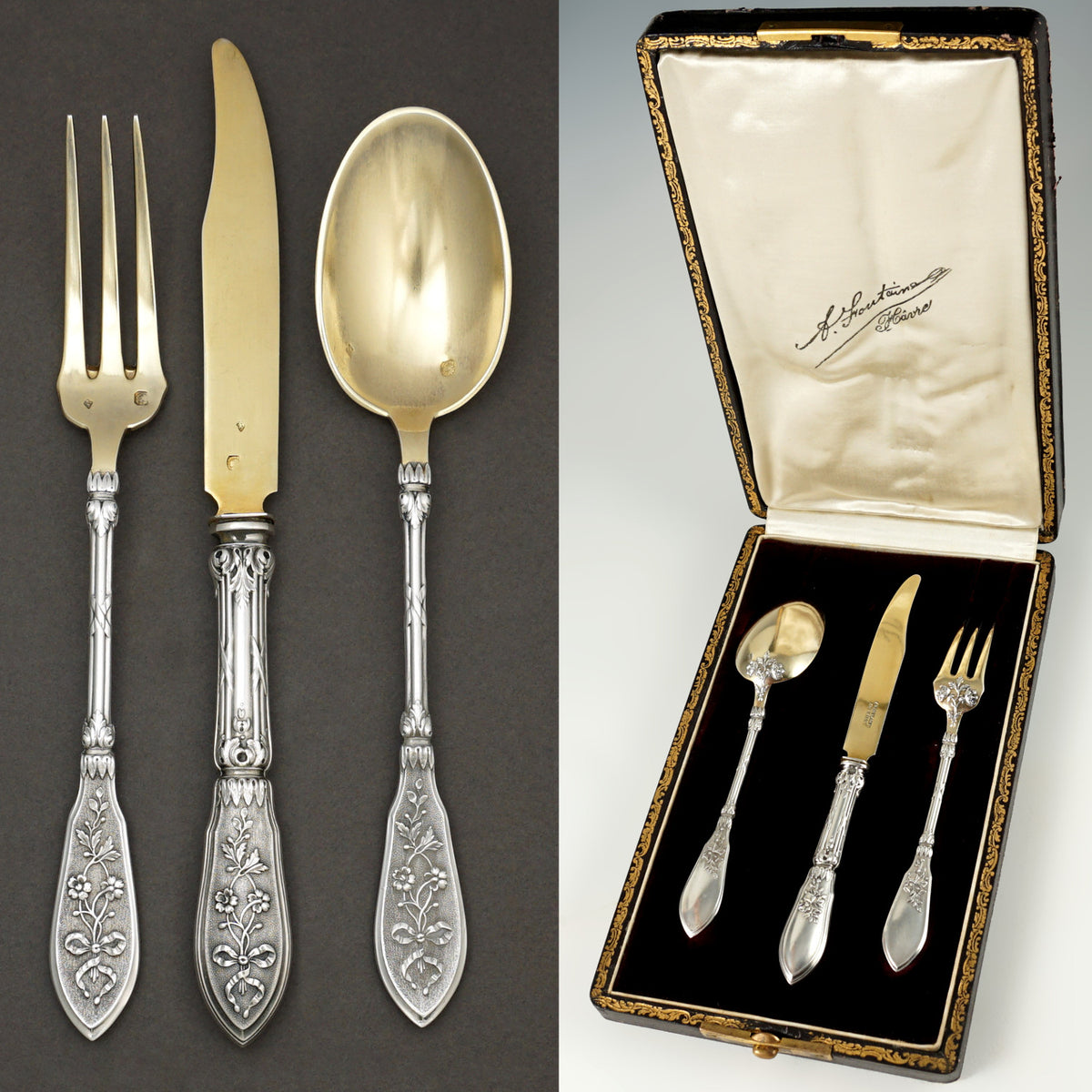 Antique French Sterling Silver Gold Vermeil 3pc Flatware Cutlery Gift ...