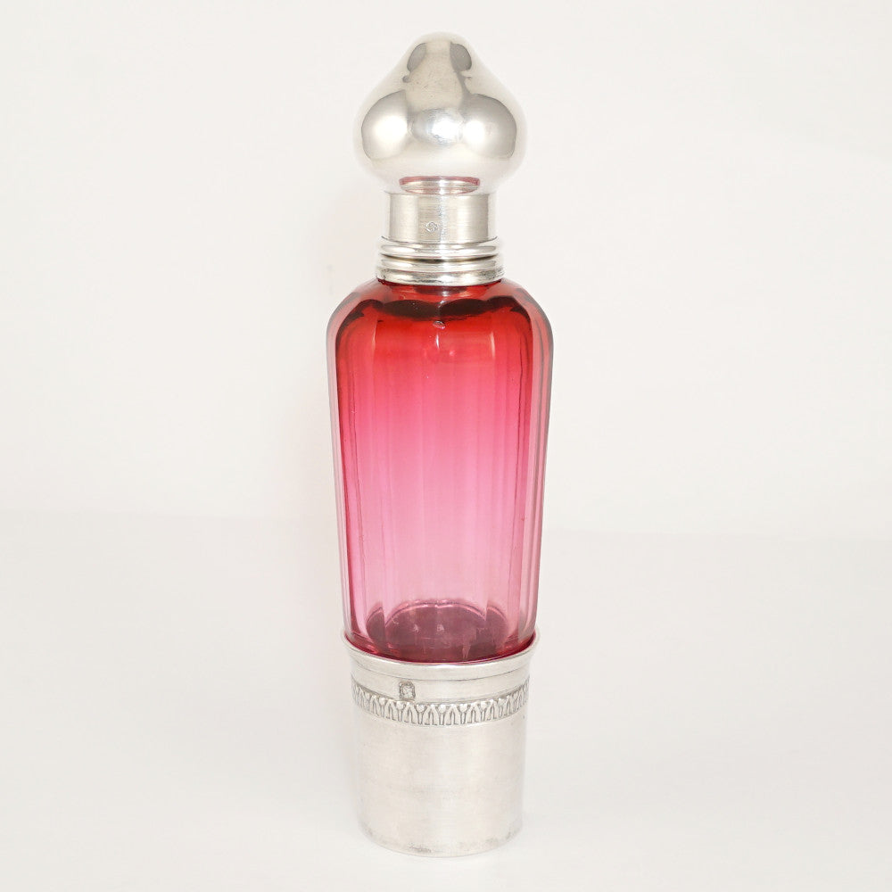 Antique French Sterling Silver Liquor Spirits Opera Flask Cranberry Pink Cut Glass Bottle