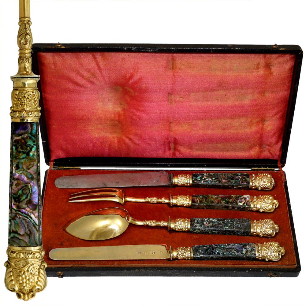 Antique French Sterling Silver Gold Vermeil 4pc Table Flatware Set, Gift Set