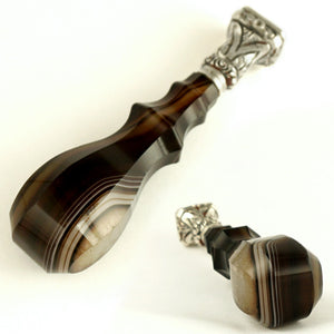 Antique French .800 Silver Wax Seal, Banded Agate Handle, Quartz Geode