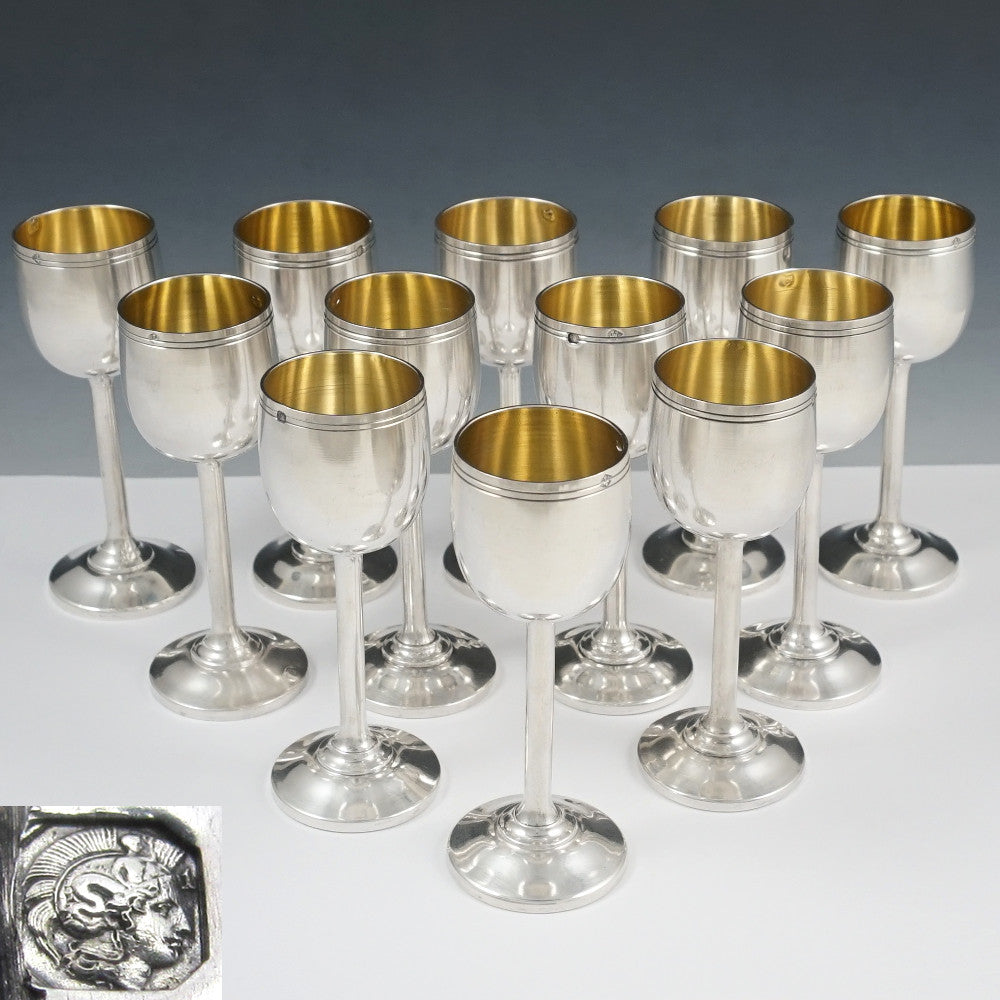 French Sterling Silver Liquor Cordial Goblets Cups Set of 12, Gold Vermeil