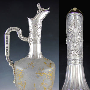 Art Nouveau French Sterling Silver Cameo Glass Claret Jug Decanter