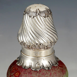French Art Nouveau Sterling Silver Cranberry Overlay Cameo Glass Sugar Shaker, Caster