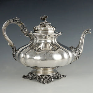 Antique French Sterling Silver Melon Teapot, Heavy 802.5g, Ornate Lion & Floral Motif
