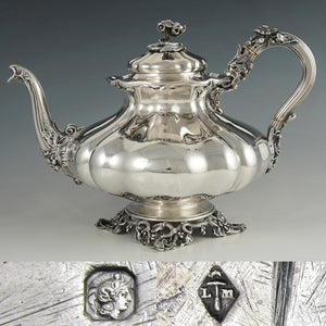 Antique French Sterling Silver Melon Teapot, Heavy 802.5g, Ornate Lion & Floral Motif