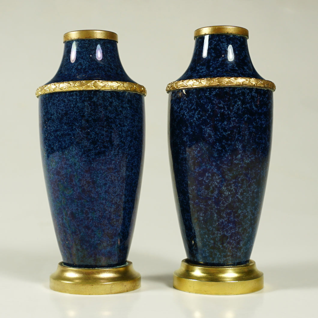 Boxed Pair Antique French Sevres Paul Milet Ceramic Vases Gilt Bronze