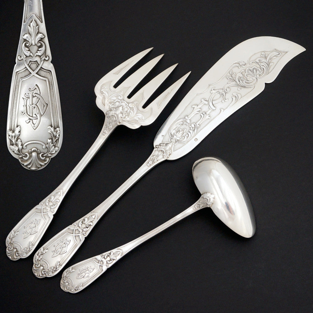 French Sterling Silver Fish Fork Knife Serving Set, Sauce Ladle