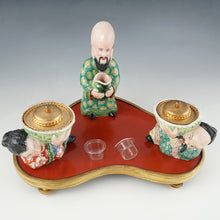 Load image into Gallery viewer, Antique French Chinoiserie Red Lacquer &amp; Porcelain Figures Gilt Bronze Inkwell

