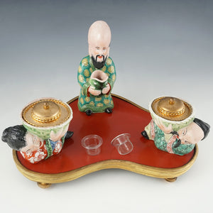 Antique French Chinoiserie Red Lacquer & Porcelain Figures Gilt Bronze Inkwell