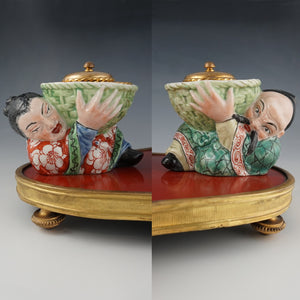 Antique French Chinoiserie Red Lacquer & Porcelain Figures Gilt Bronze Inkwell