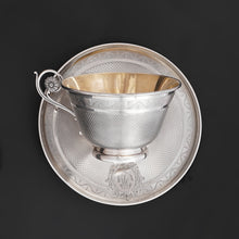 Load image into Gallery viewer, Antique French Sterling Silver Cup &amp; Saucer Set, Flower Handle, Guilloche Engraving
