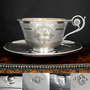 Antique French Sterling Silver Cup & Saucer Set, Flower Handle, Guilloche Engraving