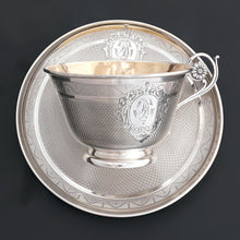 Load image into Gallery viewer, Antique French Sterling Silver Cup &amp; Saucer Set, Flower Handle, Guilloche Engraving

