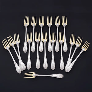 Antique French Sterling Silver 39pc Flatware Service, Forks & Spoons Set for 18, Dessert / Ice Cream, And Cut Crystal Dish