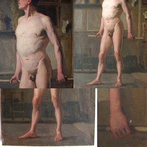 Antique French Oil Painting Academic Male Nude Study Full Length Portrait Dated 1882