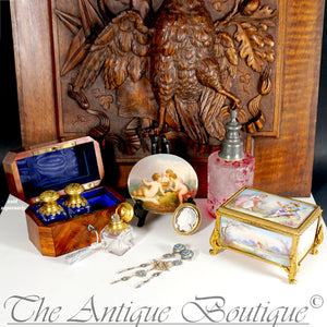 Arrangement Collection Antiques Black Forest Enamel Jewelry Box Baccarat Eglantier Perfume Bottles