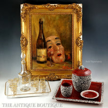 Load image into Gallery viewer, Still Life Painting of Theater Mask &amp; Wine Bottle, Signed Oil on Canvas, Ornate Gilt Frame
