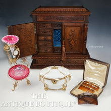 Load image into Gallery viewer, The Antique Boutique Pink Victorian Glass, Opaline Box, Hair Combs, Black Forest Carved Wood Cabinet
