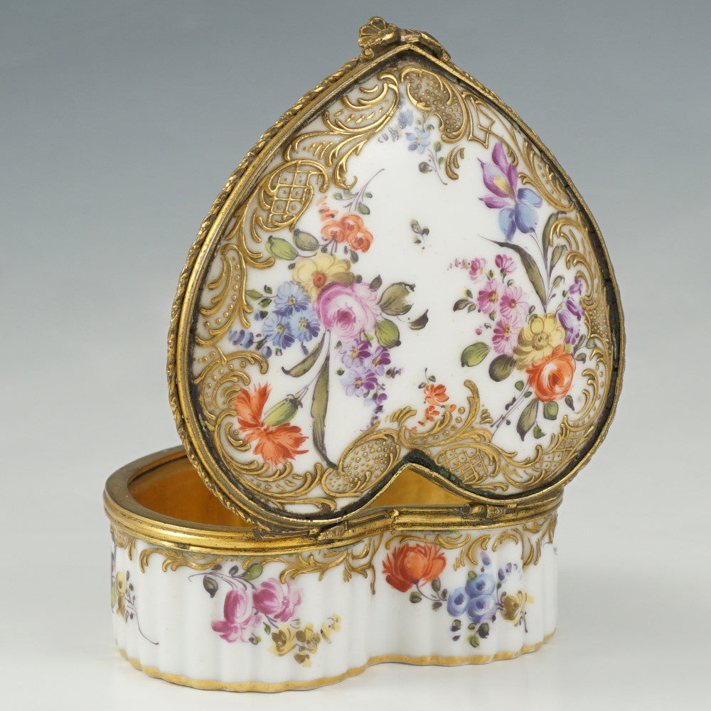 Antique Hand Painted Porcelain Raised Gold Enamel Heart Shaped Snuff Box