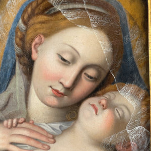 Antique Portrait Mother & Baby Oil Painting Religious Scene Madonna & Child