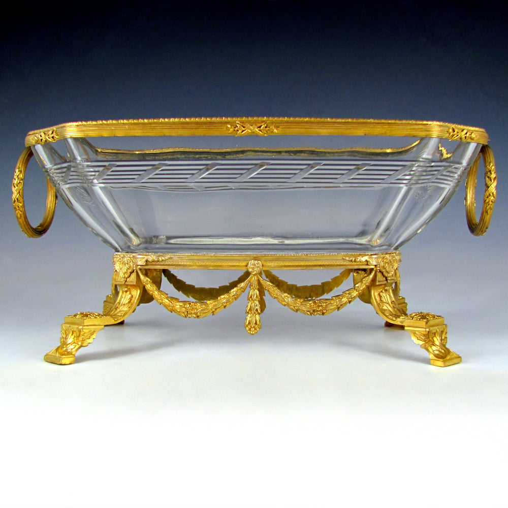 Large Antique Napoleon III French Empire Cut Crystal Gilt Bronze Centerpiece Bowl