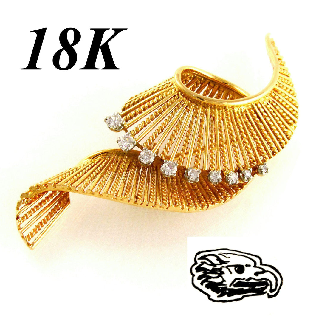 French 18K Yellow Gold & Diamond Swirl Brooch Pin