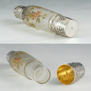 Antique Belle Epoque French Sterling Silver Cameo Acid Etched Glass Liquor Flask, Enamel Flowers